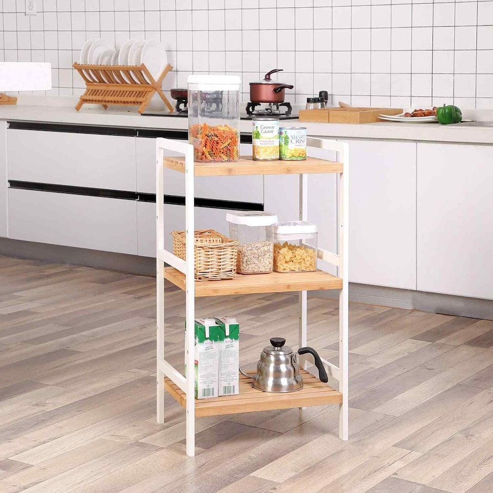image 1 of Bamboo Storage Shelf with 3 Tiers, Multipurpose Organiser for Bathroom, Kitchen and Bedroom, Natural and White