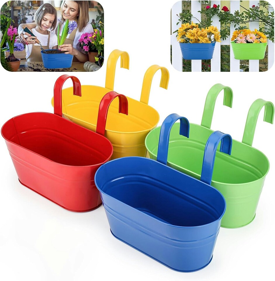 image 1 of Metal Hanging Flower Pots, 4Pcs Colorful 27.5cm Large Garden Planter | Multi