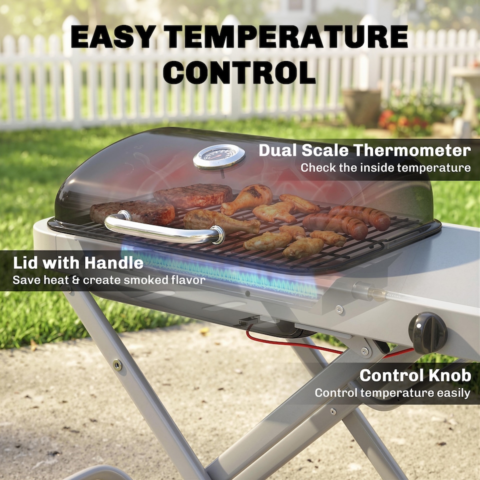 image 1 of Outsunny Foldable Gas BBQ Barbecue Grill with Side Table, 2.5 kW, Black | Black | Black | 109 x 55 x 89 cm
