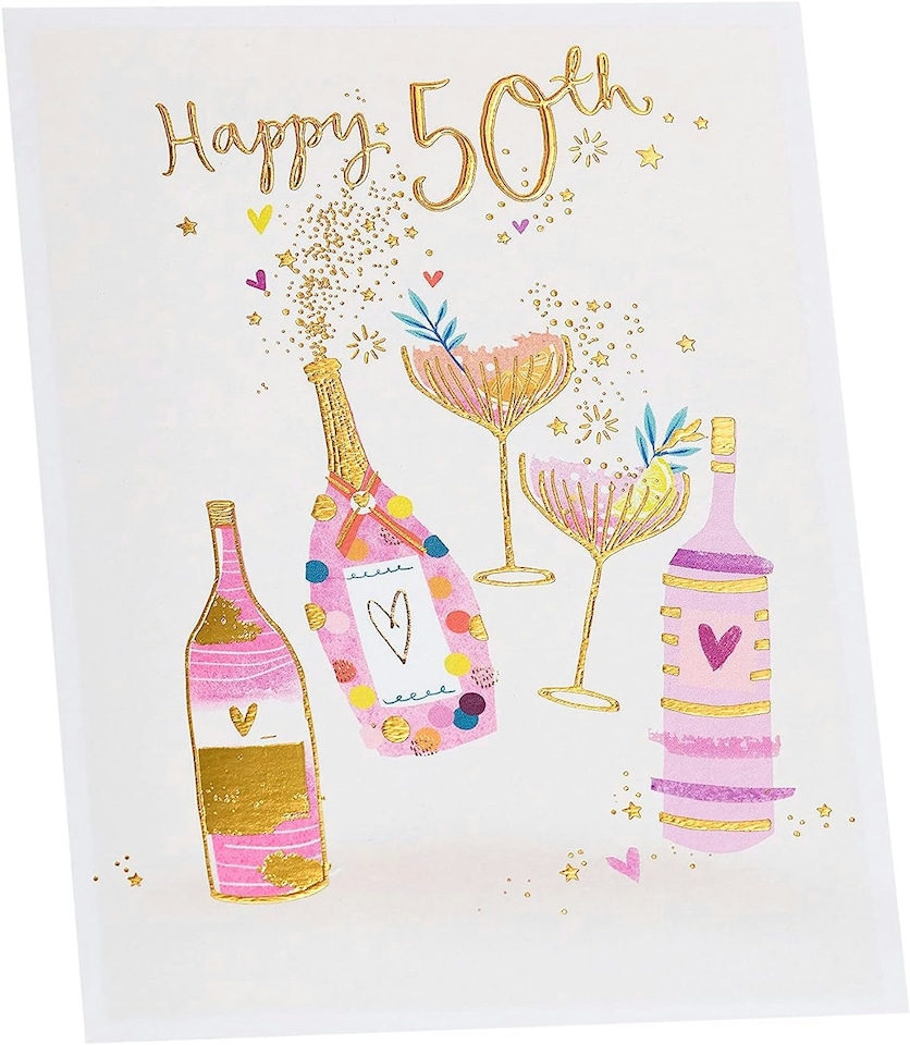 image 1 of Pink & Gold Drinks Design 50th Birthday Card