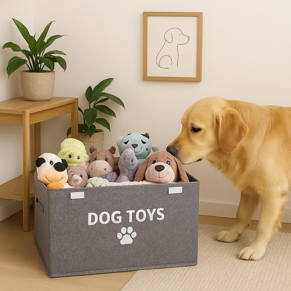 image 1 of Dog Toy Box Foldable With Handles & Lid Pet Puppy Collapsible Organiser Storage