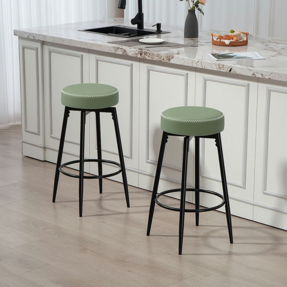 image 1 of HOMCOM Swivel Bar Stools Set of 2, PU Leather Barstools with Footrest Green