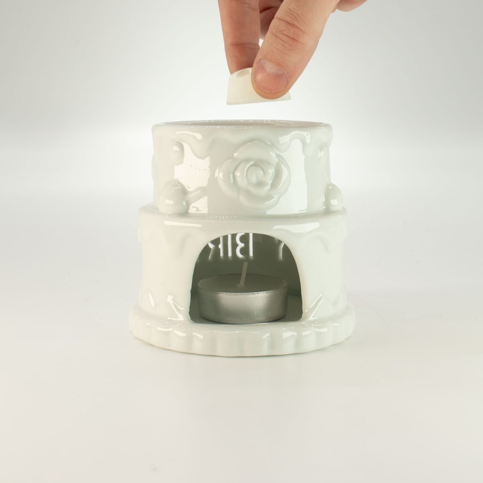 image 1 of Serenityy Ceramic Cake Oil Burner, "Happy Birthday", White