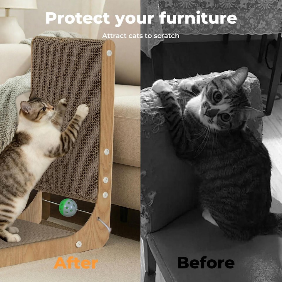 image 1 of Skylos 48cm L Shaped Cat Scratching Board with Ball Toy Wall Furniture Brown