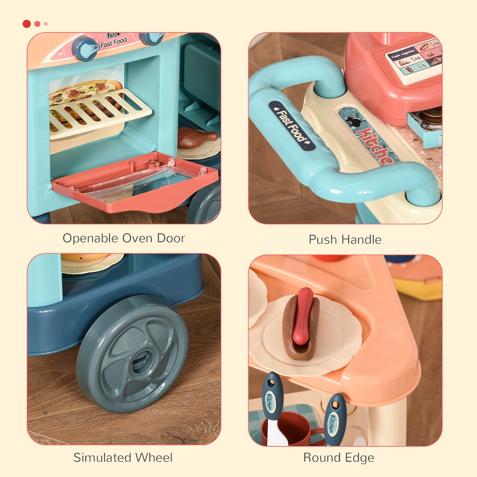 image 1 of HOMCOM 50 Pcs Kids Kitchen Play set Fast Food Trolley Cart Pretend Playset Toys with Play Food Cashier Register Accessories Gift for Boys Girls Age 3-6