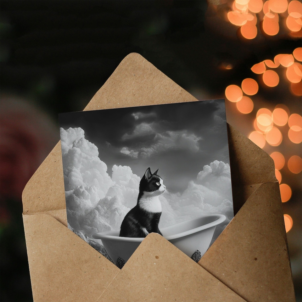 image 1 of Cat Lover Kitten Bathtub Waterfall Cliff Surreal Birthday Greeting Card