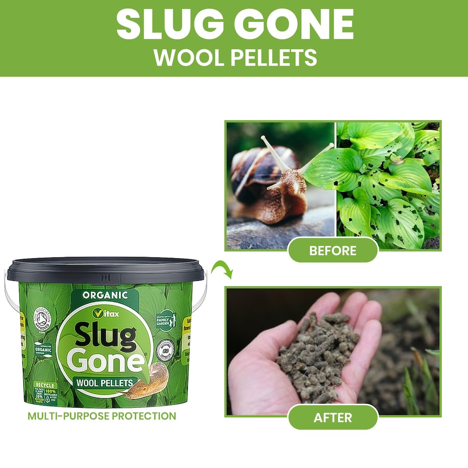 image 1 of Vitax Slug Gone 10L Natural Wool Pellets for Organic Gardens Protect Plants from Slugs & Snails Improves Soil & Plant Health