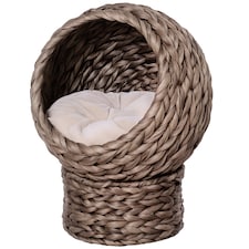 PawHut Wicker Cat House, Raised Cat Bed with Cushion, 42 x 33 x 52cm, Dark Brown