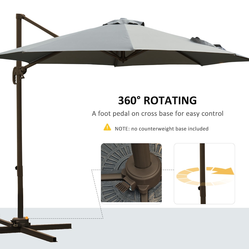 image 1 of Outsunny 3m Patio Offset Parasol Roma Umbrella Cantilever Hanging Sun Shade Canopy Shelter Tilt 360 Rotation with Aluminium Frame Hand Crank Cross Base, Dark Grey