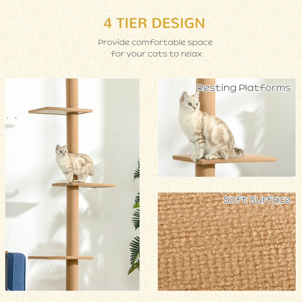 image 1 of PawHut 260cm Cat Tree Floor To Ceiling Adjustable Height, Light Brown