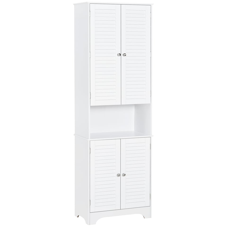 image 1 of HOMCOM Tall Freestanding Bathroom Cabinet Retro Shutters w  3 Compartments Shelves Elevated Base Narrow Organiser White 60L x 30W x 182.5H cm | White | White