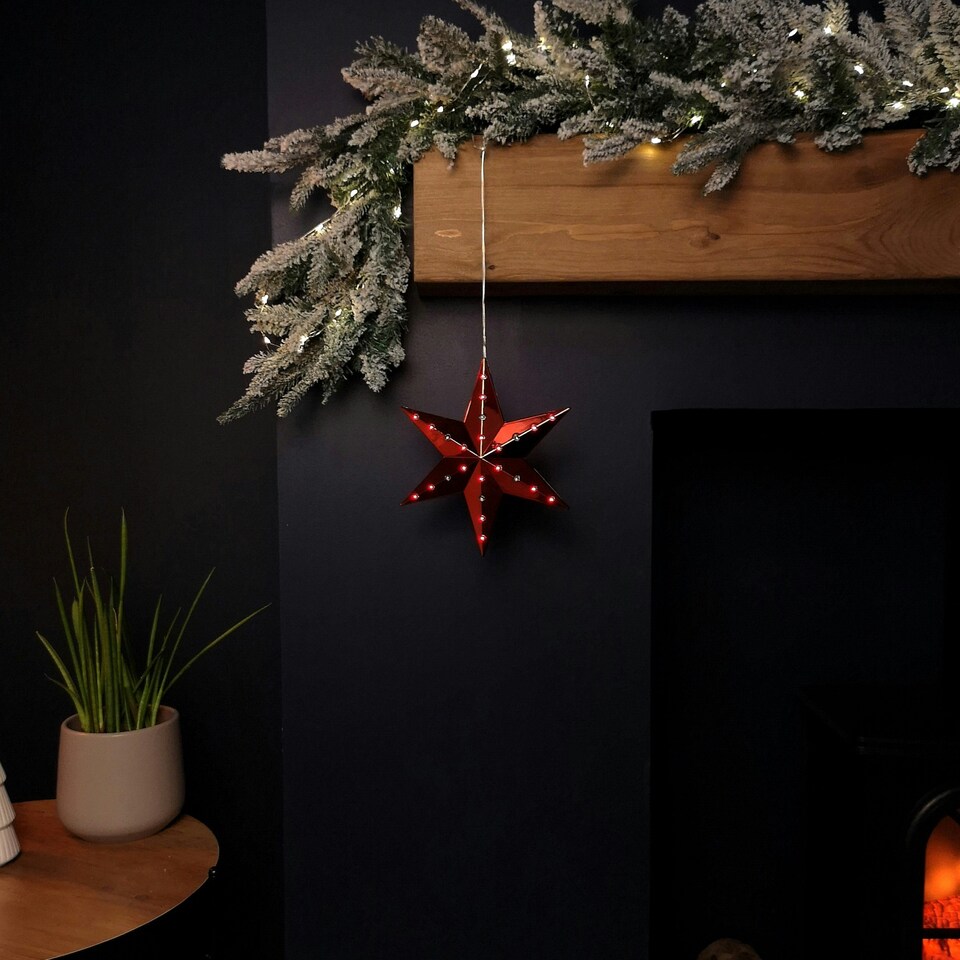 image 1 of 20cm Battery Operated Light up Hanging Christmas Shooting Star Bauble in Ruby with LEDs