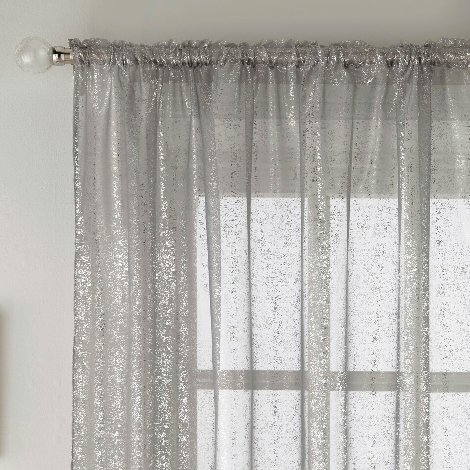 image 1 of Pair of Pandora Grey Metallic Print Voile Panels 229 cm (90 inch) Rod Pocket Panels for Bedroom and Living Room
