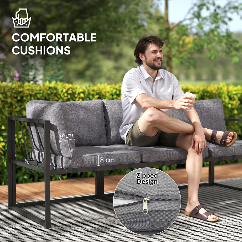 image 1 of Outsunny 3 Piece L Shaped Garden Furniture Set with Cushions, Garden Corner Sofa Set with 3-Seater Sofa, Loveseat and Tempered Glass Top Table for Outdoor, Grey