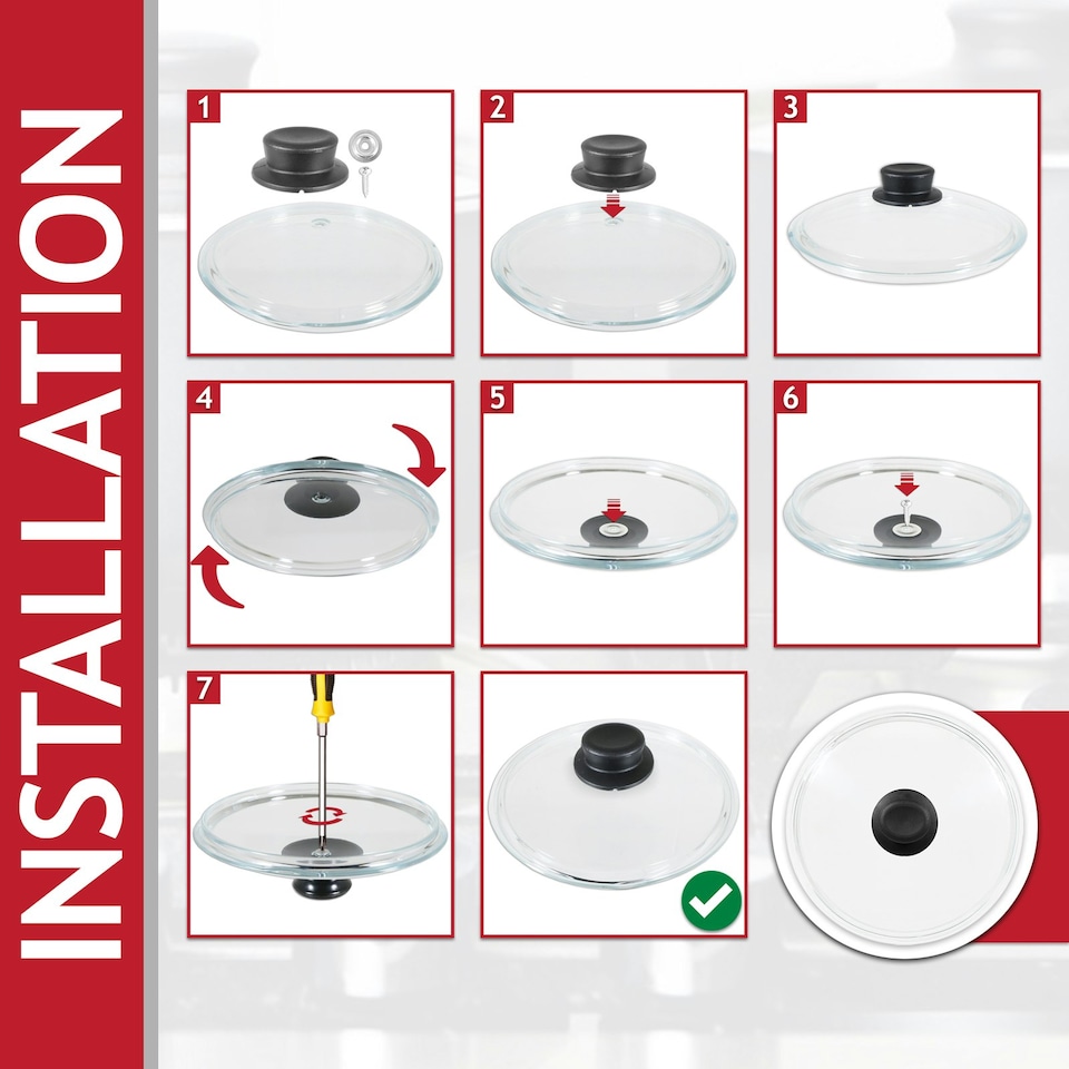 image 1 of SPARES2GO Glass Cookware Lid + Curved Handle Tempered Pan Pot Dish Cover Replacement Kit (20cm)