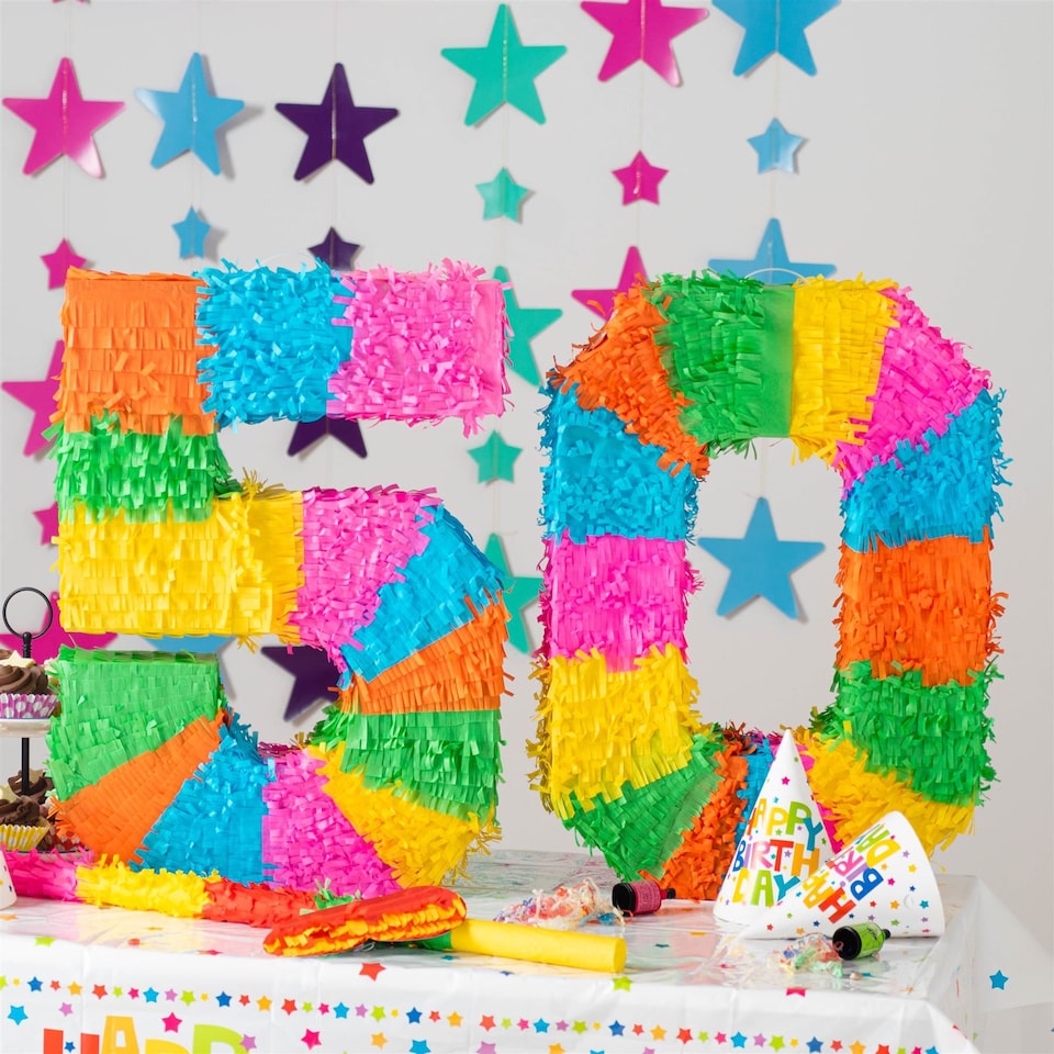 image 1 of Fax Potato 50th Birthday Pinata Set with Stick & Blindfold - Blue Stick