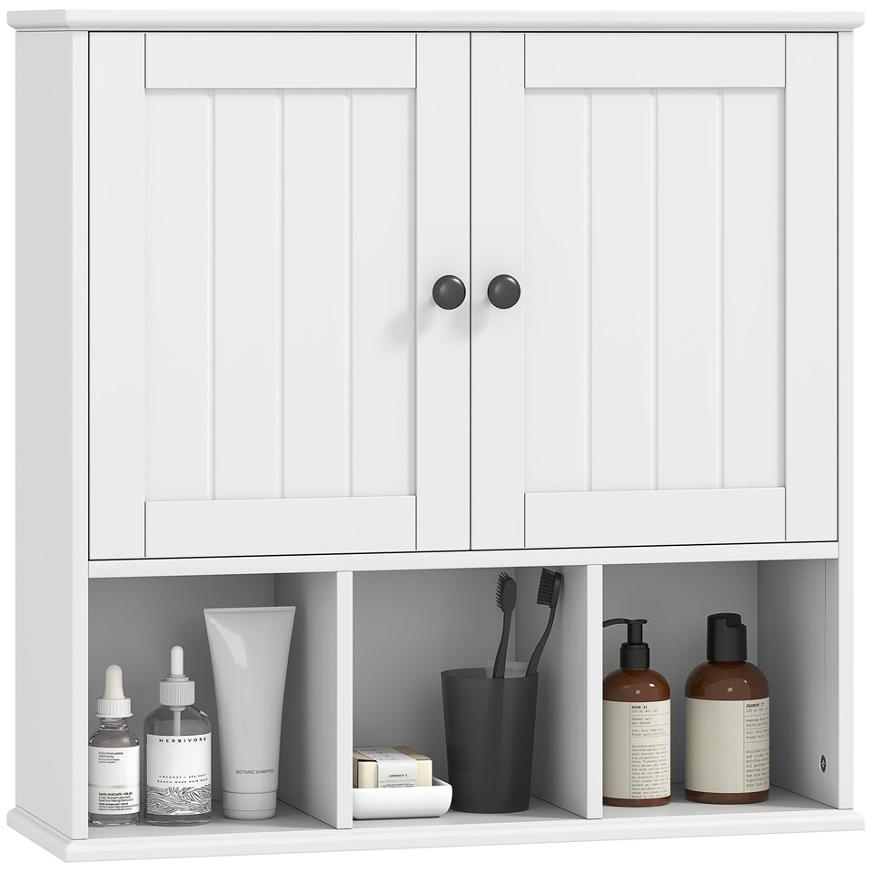 image 1 of HOMCOM Farmhouse Bathroom Wall Cabinet, Wall Mounted Medicine Cabinet with Adjustable Shelf, Open Compartments and 2 Doors, Storage Organiser Over The Toilet, White