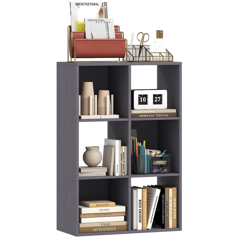 image 1 of HOMCOM 6-Cube Bookshelf, Modern Freestanding 3-Tier Bookcase, Display Shelving Unit for Living Room, Bedroom, Home Office, Study, Grey