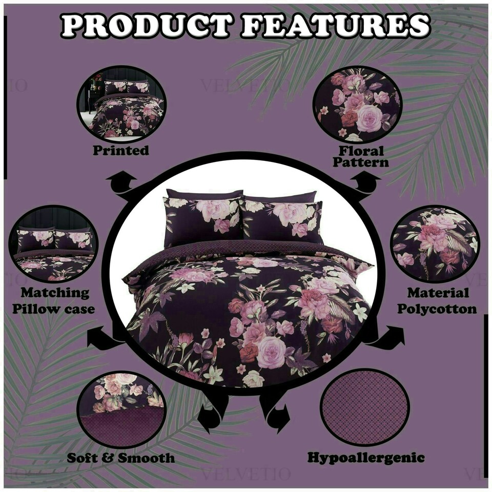 image 1 of VELVETIO Flora Printed Duvet Cover Set Reversible Polycotton Easy Care Beddings Purple | Double