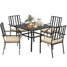 Outsunny 5 Pieces Garden Dining Set with Cushions, Outdoor Patio Table and 4 Stackable Chairs, Metal Top Table with Umbrella Hole, Black