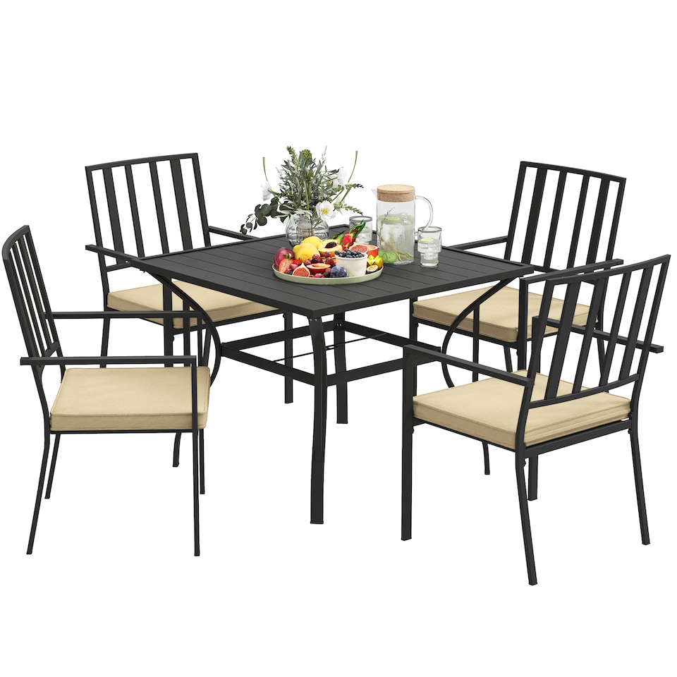 image 1 of Outsunny 5 Pieces Garden Dining Set with Cushions, Outdoor Patio Table and 4 Stackable Chairs, Metal Top Table with Umbrella Hole, Black
