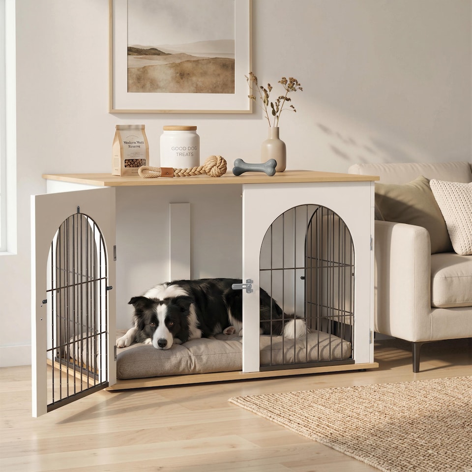 image 1 of PawHut Dog Crate Furniture, Indoor Dog Cage End Side Table, White