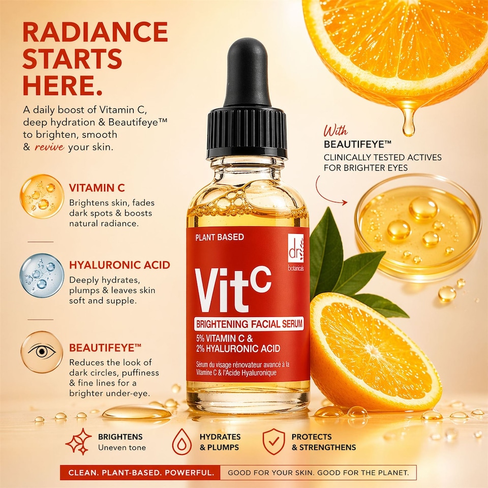 image 1 of Dr Botanicals Brightening Anti-Ageing Facial Serum with 5% Vitamin C & 2% Hyaluronic Acid 30ml for Plumping and Moisturising