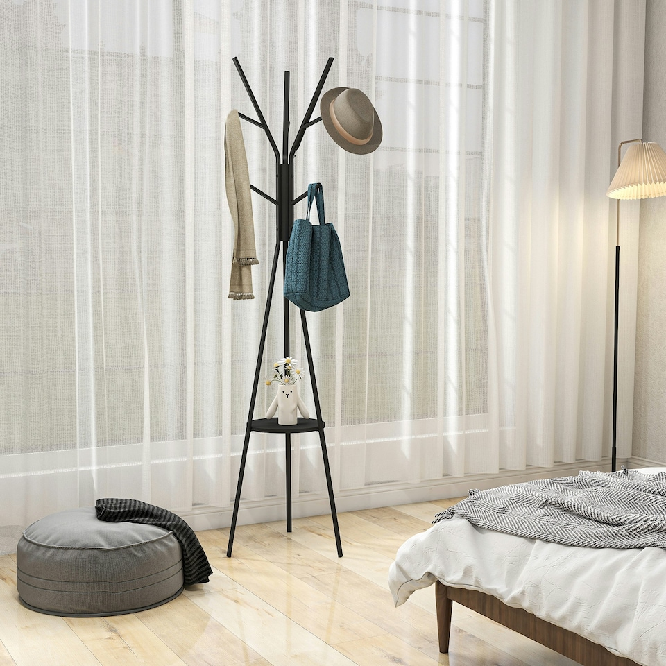image 1 of HOMCOM 180cm Free Standing Coat Rack Metal Shelf Holder Stand Hat Hanger Black