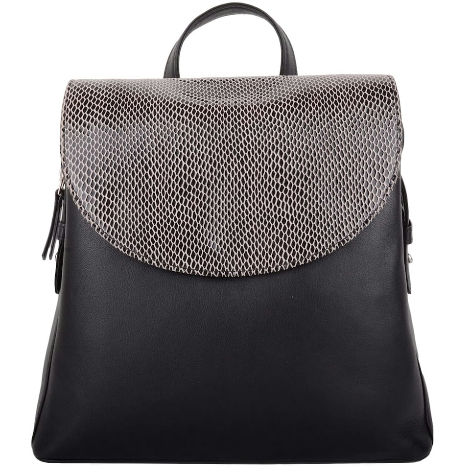 image 1 of Smooth Genuine Leather Backback Rucksack with Snakeskin Effect Flap Panel Black | Black