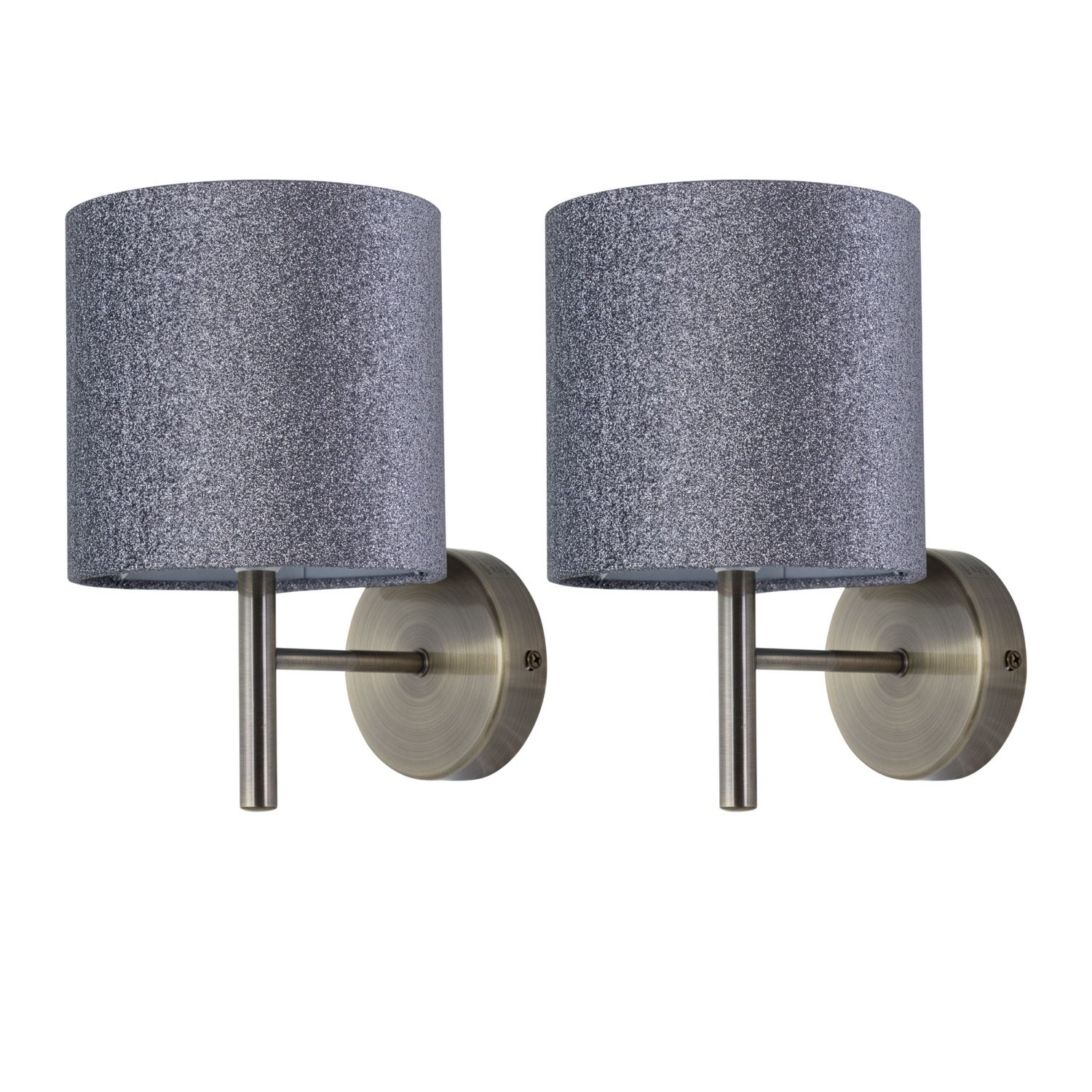 First Choice Lighting Set of 2 Brea - Antique Brass Wall Lights with Silver Glitter Shades in Gold