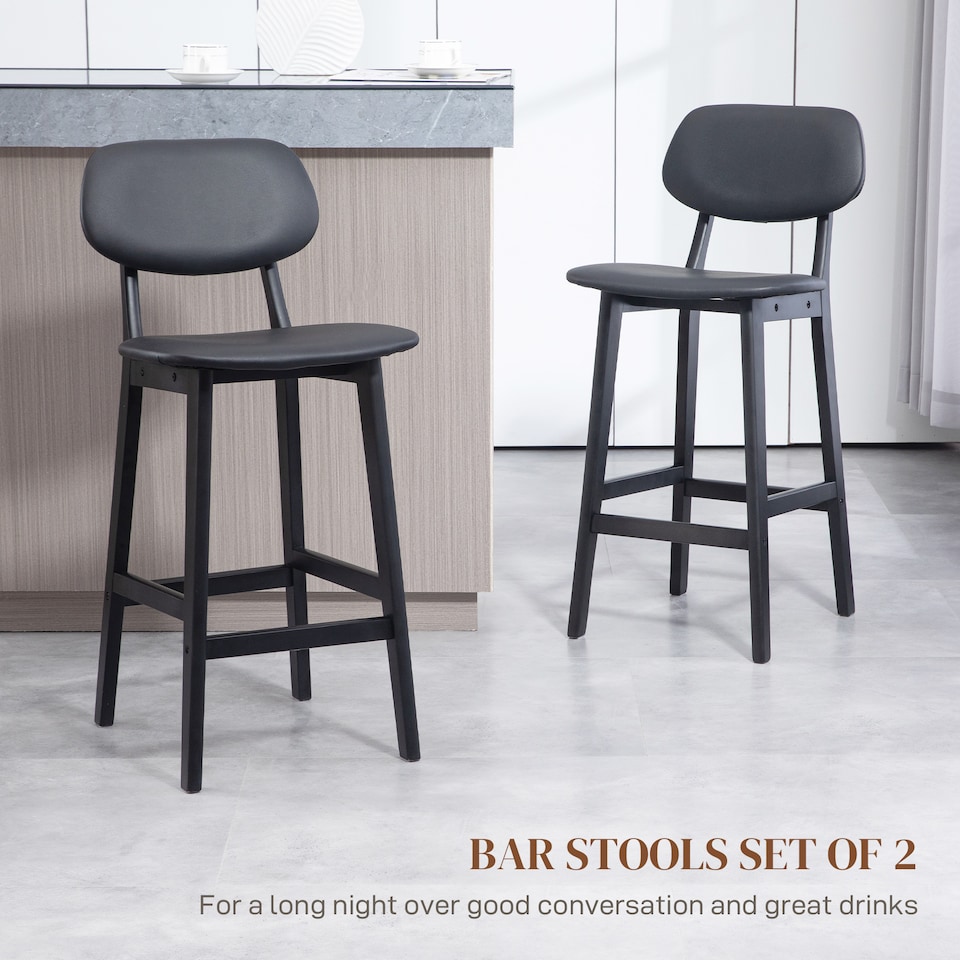 image 1 of HOMCOM Bar Stools Set of 2, Breakfast Bar Chairs, PU Leather Upholstered Kitchen Stools with Backs, Footrests and Solid Wood Legs, Black