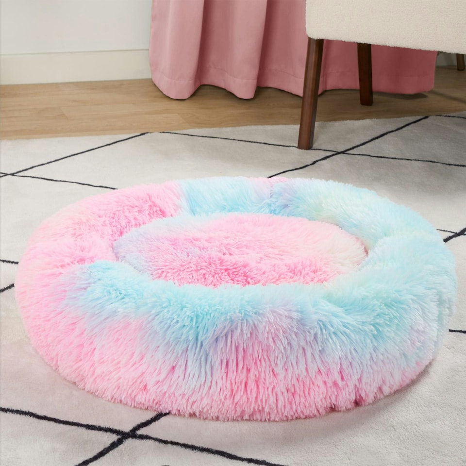 image 1 of OHS Round Fluffy Calming Pet Dog Plush Cushion Bed, Medium - Multi