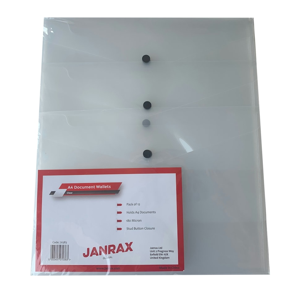 image 1 of Pack of 12 Janrax A4 Clear Document Wallets - Button Stud Folder