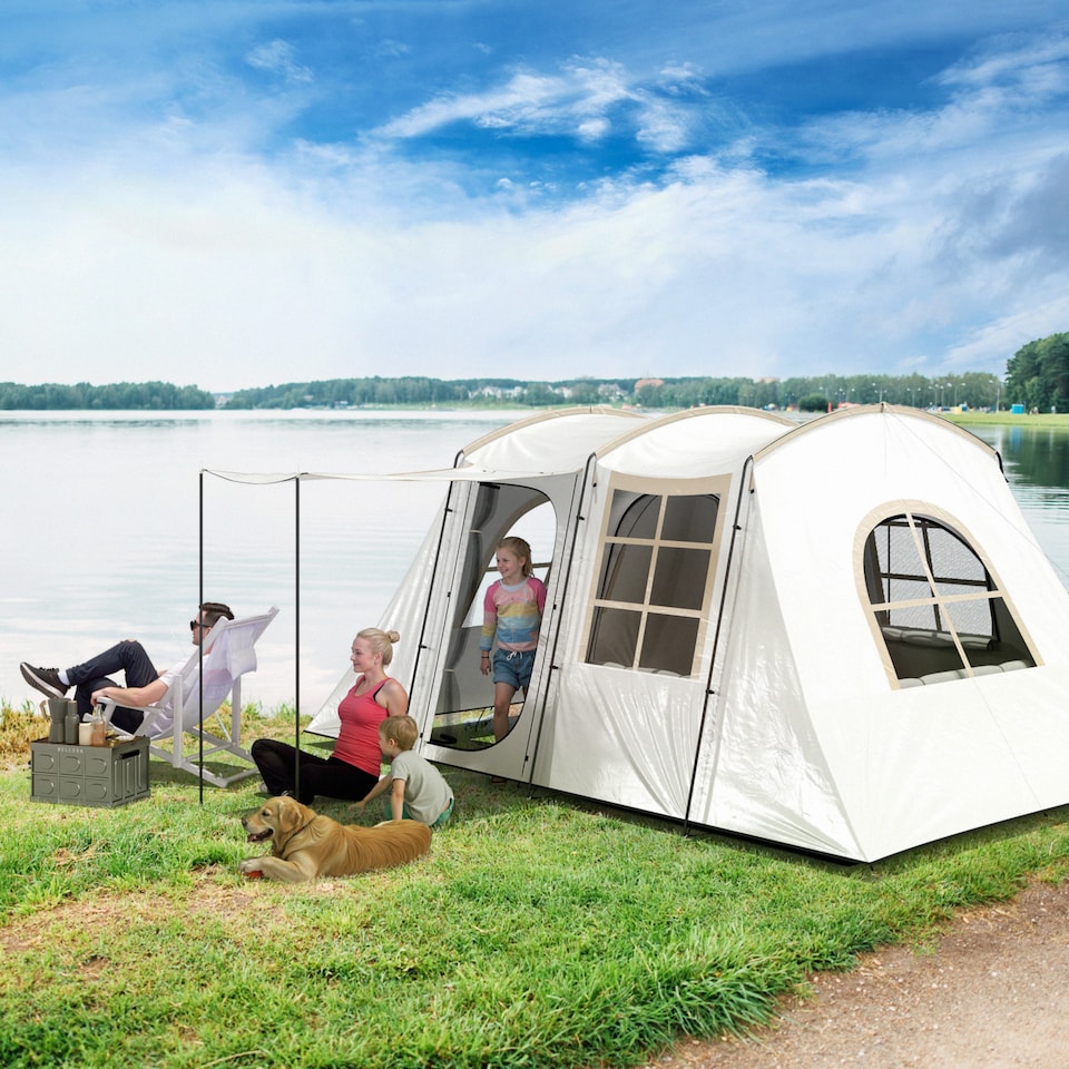image 1 of Outsunny 3-4 Man Tunnel Tent with Sewn in Floor, 3000mm Waterproof | Cream | Khaki