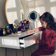 image 9 of HOMCOM Dressing Table with LED Mirror and Cushioned Stool, Vanity Desk with Acrylic Lipstick Holder and 2 Drawers, Makeup Table for Bedroom, White