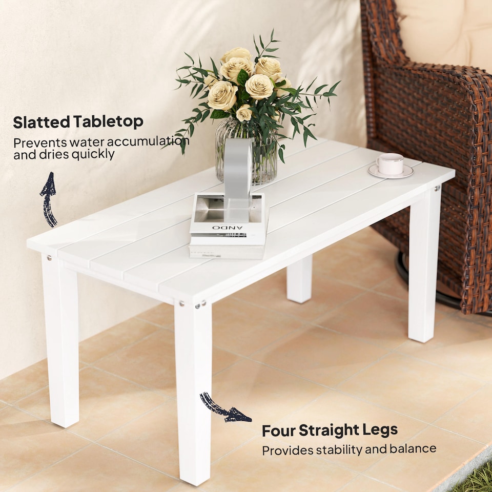 image 1 of Outsunny Outdoor Garden Coffee Table, HDPE All-Weather Rectangular Outdoor Garden Table with Slatted Tabletop for Patio, Balcony, 91 x 44 x 42 cm, White | White | White
