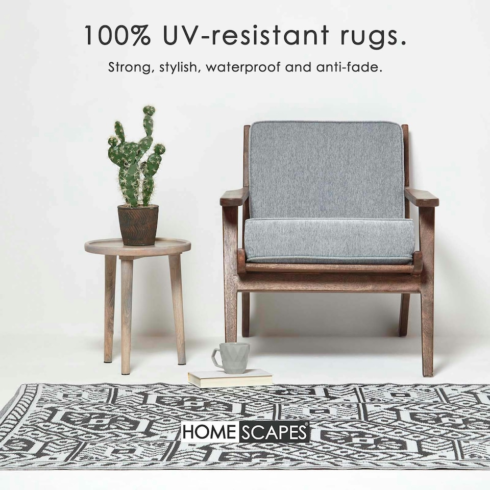 image 1 of Homescapes Outdoor Rug Luxury Waterproof Reversible, For Garden, Geometric Aztec Black | 120 x 180 cm