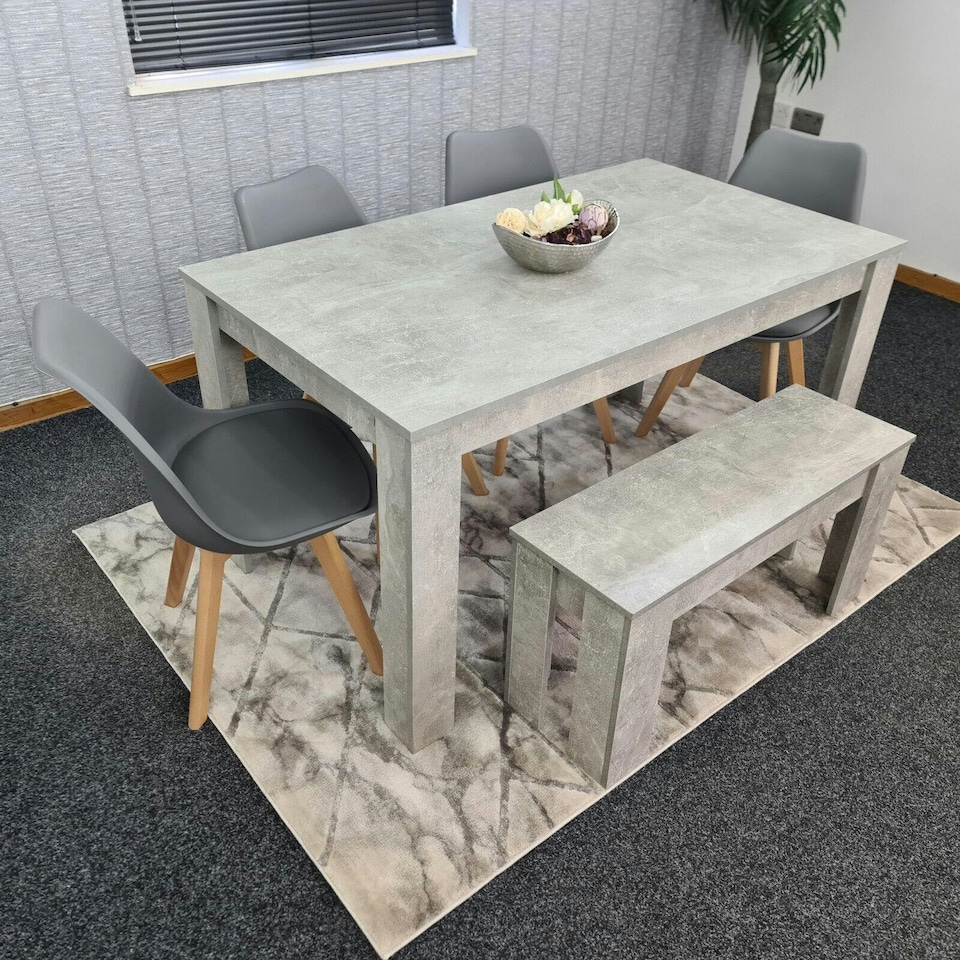 image 1 of Stone Grey Effect Dining Table with Bench and 4 Grey Plastic Chairs Dining Room Furniture Set | Grey | One Size | 6