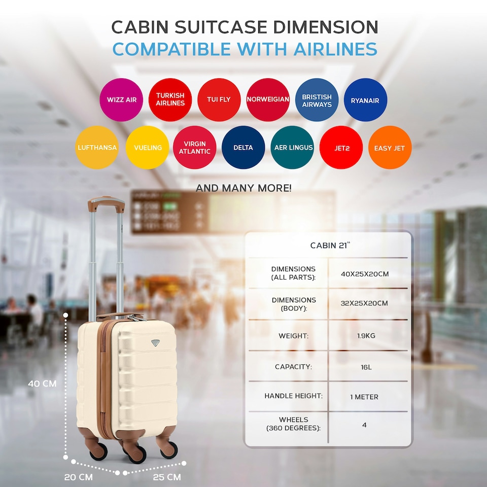 image 1 of 40x20x25cm Ryanair Free Carry-On Maximum Size Cabin Suitcase - Lightweight 4 Wheel ABS Hard Case - Cabin Carry On Hand Luggage Suitcase 100+ Airline Approved Cream | Cream | Cabin Bag