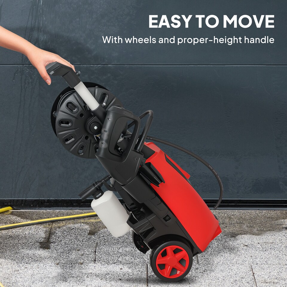 image 1 of Outsunny 1800 W High Pressure Washer, 150 Bar Pressure, 420 L/h Flow, Portable Electric Power Washer Jet Wash Cleaner with Adjustable Nozzle, 6 M Hose and Hose Reel for Home Patio Car Driveway, Red