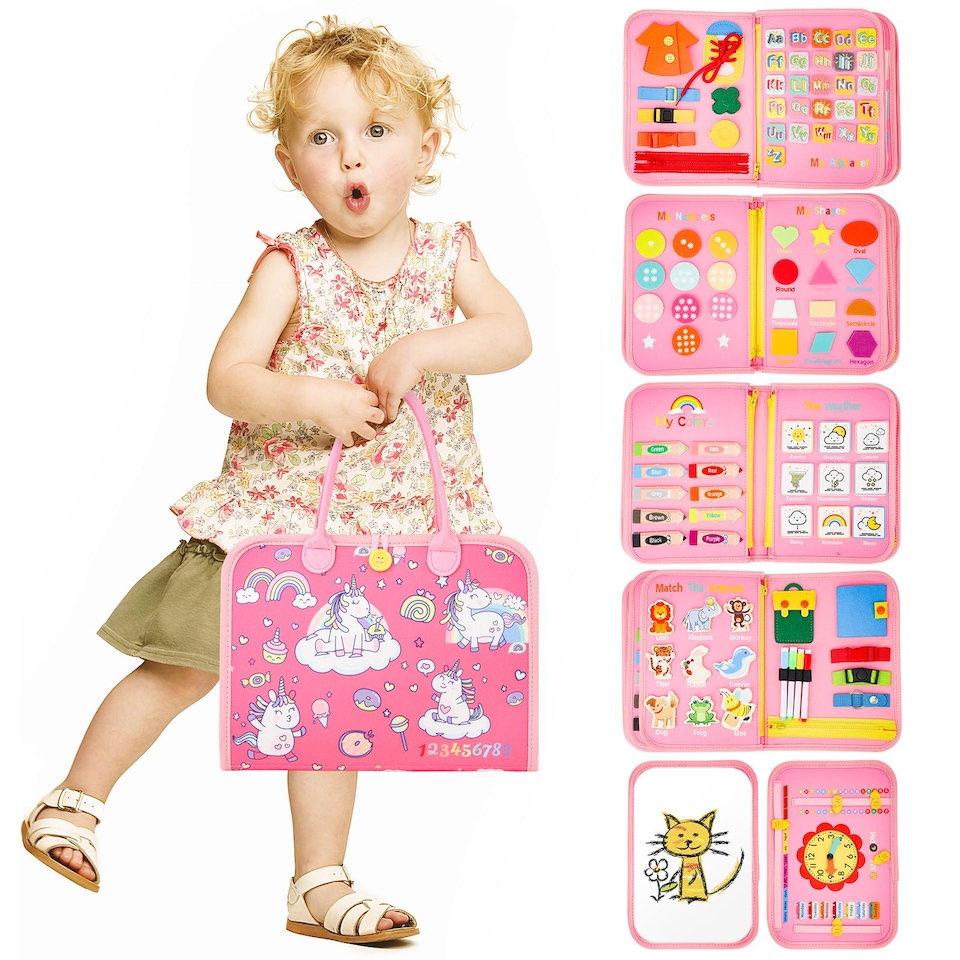 image 1 of Toddler Busy Board Busy Book Sensory Montessori Travel Toy - 10 Pages Quiet Book with Life Skills, Alphabet & Numbers (Pink)