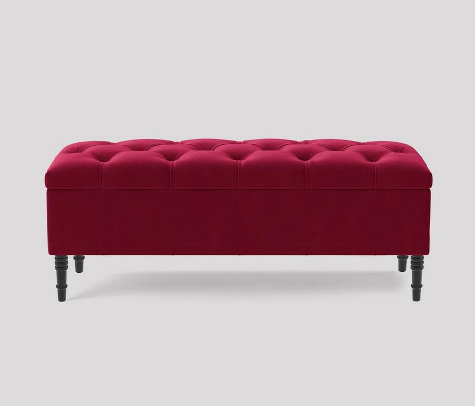 image 1 of 180cm Swiss Chesterfield Ottoman Storage Bench- Plush Velvet Shoe Bench - Red Upholstery Footstool with Storage