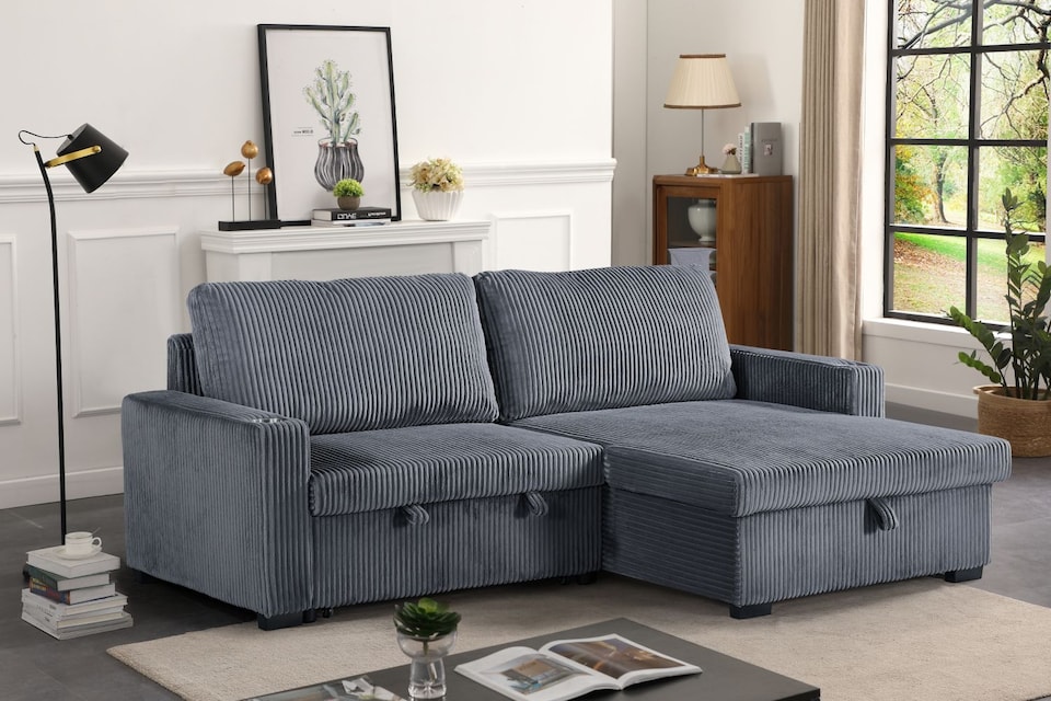 image 1 of Florence Sofa Bed A Jumbo Cord Corner Sofa With a Reversible Chaise and Cupholders in Grey | Grey | Grey