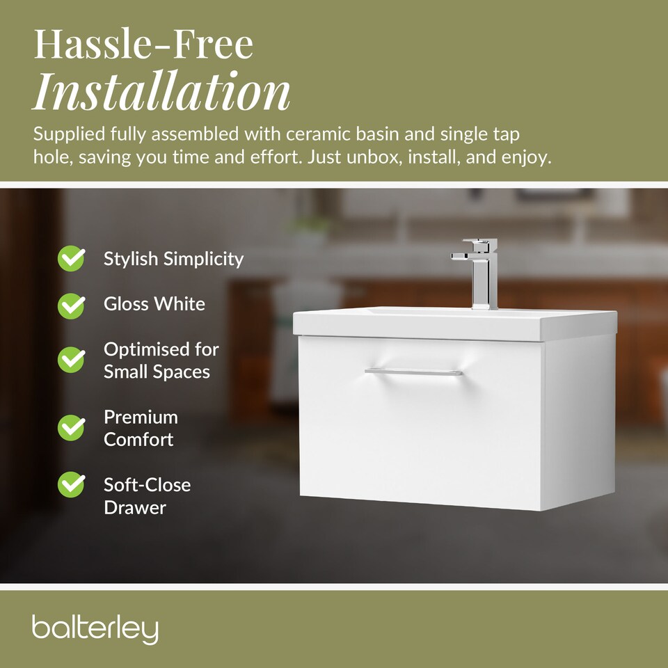 image 1 of Bathroom 1 Soft Close Drawer Wall Hung Vanity Unit Basin, White, 600mm | White | Gloss White | 399 x 610 x 390mm