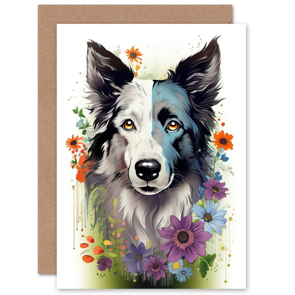 image 1 of Border Collie Bawsant Face Wildflowers Dog Birthday Card