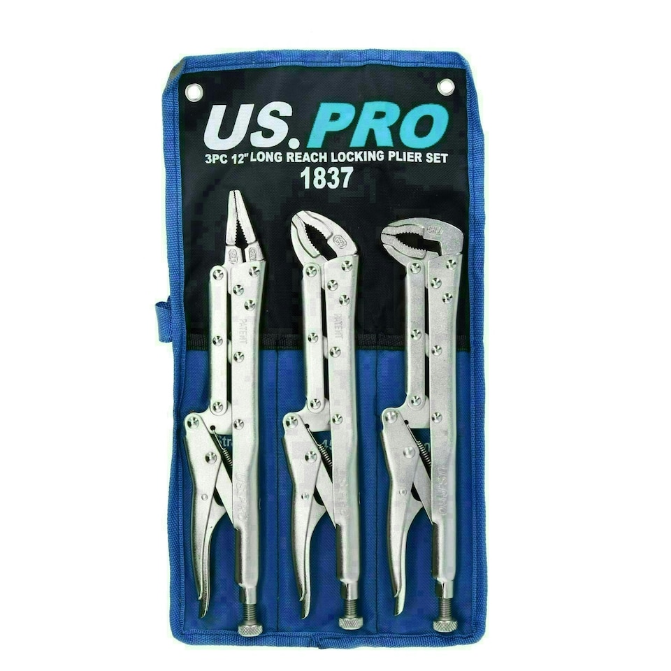 image 1 of 3pc Extra Long Nose 12" Adjustable Locking Pliers Mole Grips Straight 45° 90°