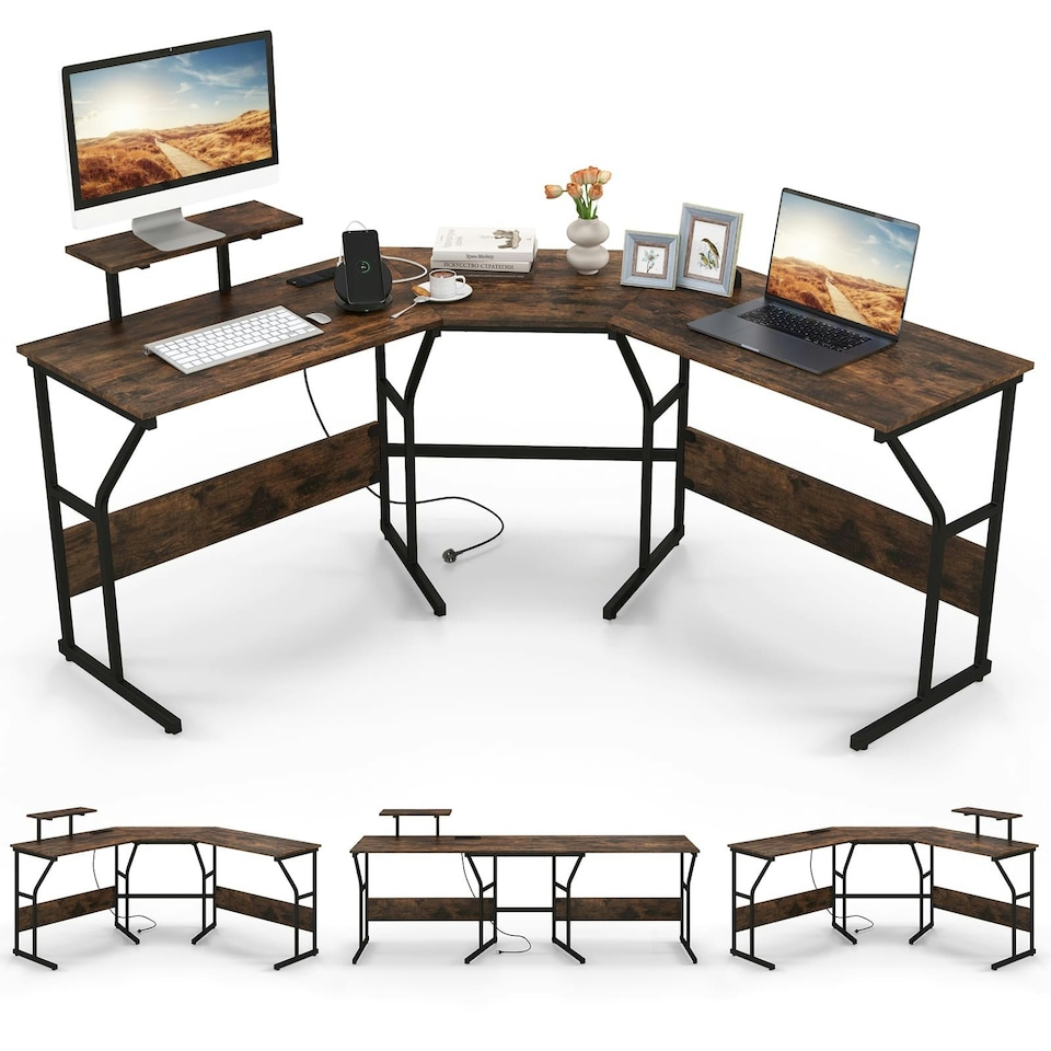 image 1 of COSTWAY L-shaped Desk Corner Computer Workstation Coffee Brown