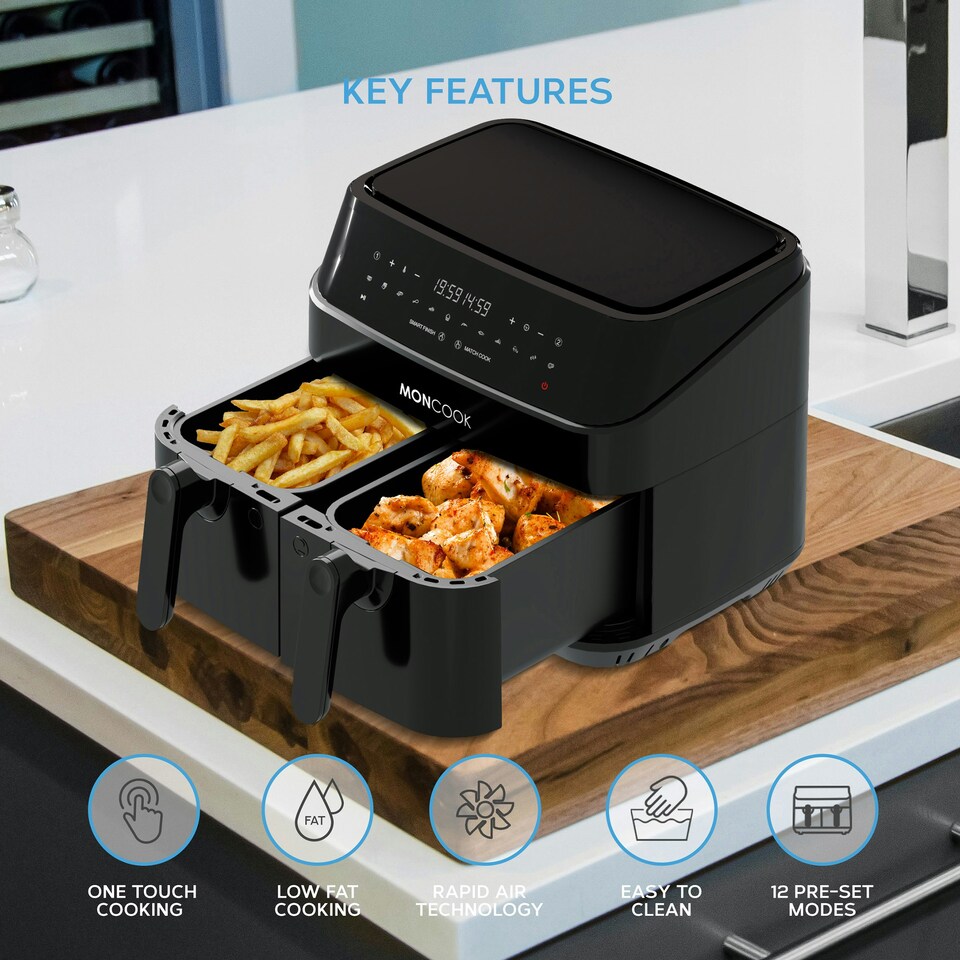 image 1 of MONCOOK Dual Air Fryer - 12 In 1 Dual Airfryer 9L With 2 x 4.5L Baskets - 50 Recipe Cookbook - Digital LED Display Airfryer
