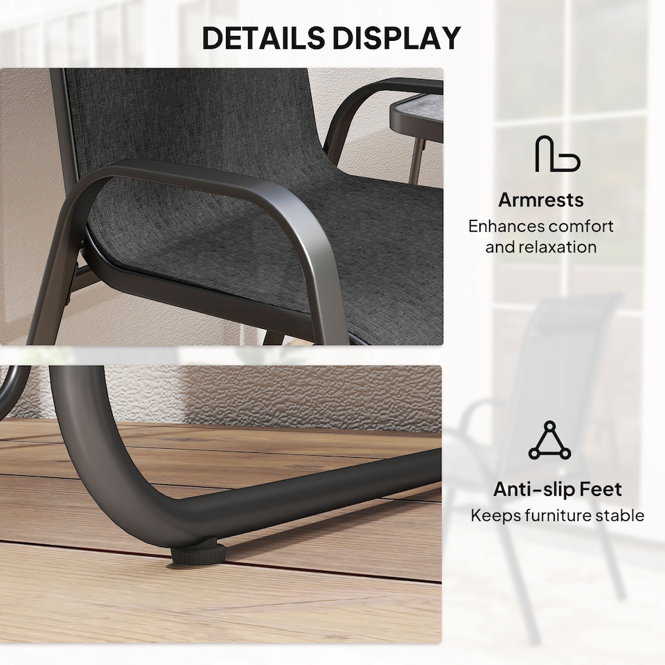 image 1 of Outsunny Garden Bistro Set, 3 Piece Garden Furniture Set with Stackable Armchairs and SPC Board Coffee Table, Bistro Table and Chairs with Texteline Seats for Balcony, Porch, Black