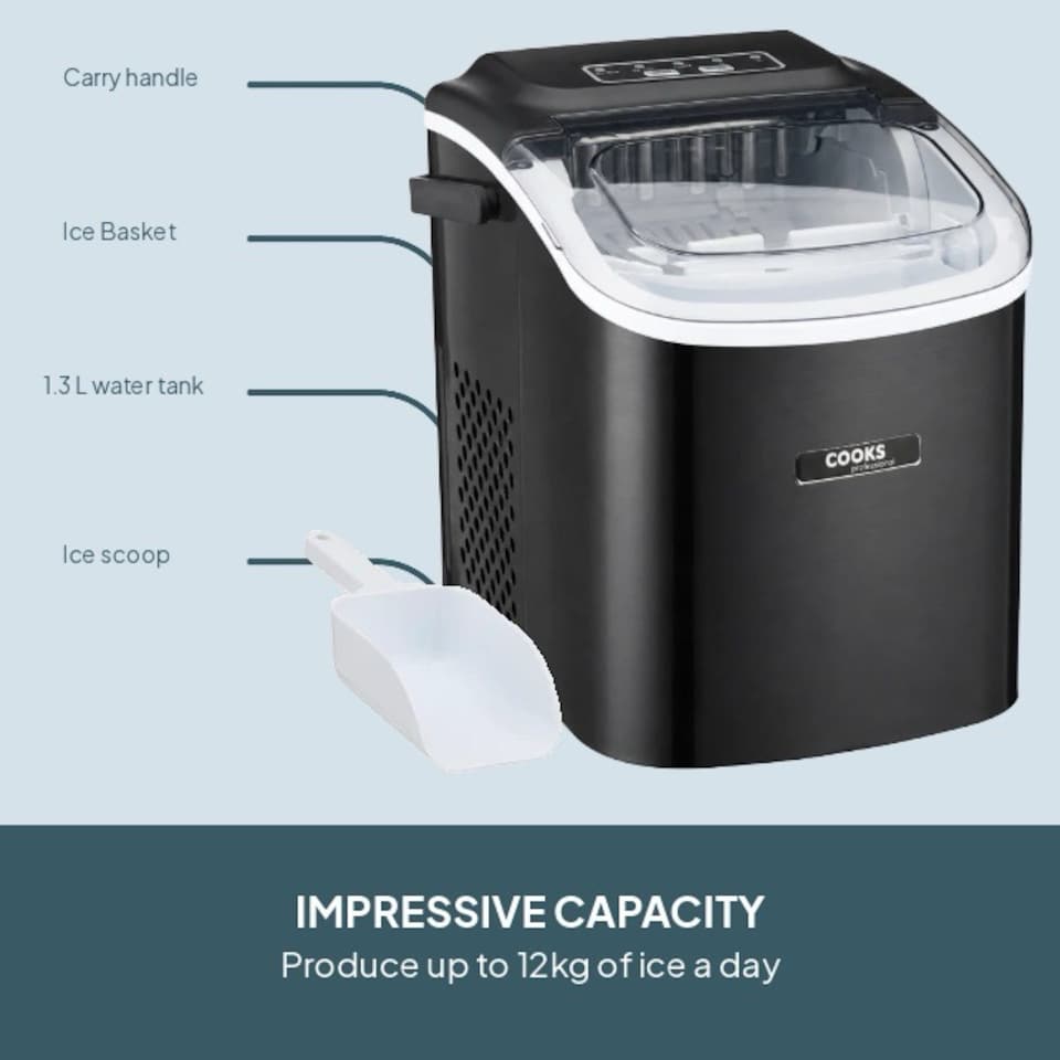 image 1 of Cooks Professional Ice Maker Machine with Scoop & 1.3L Tank - Makes 12KG Per Day